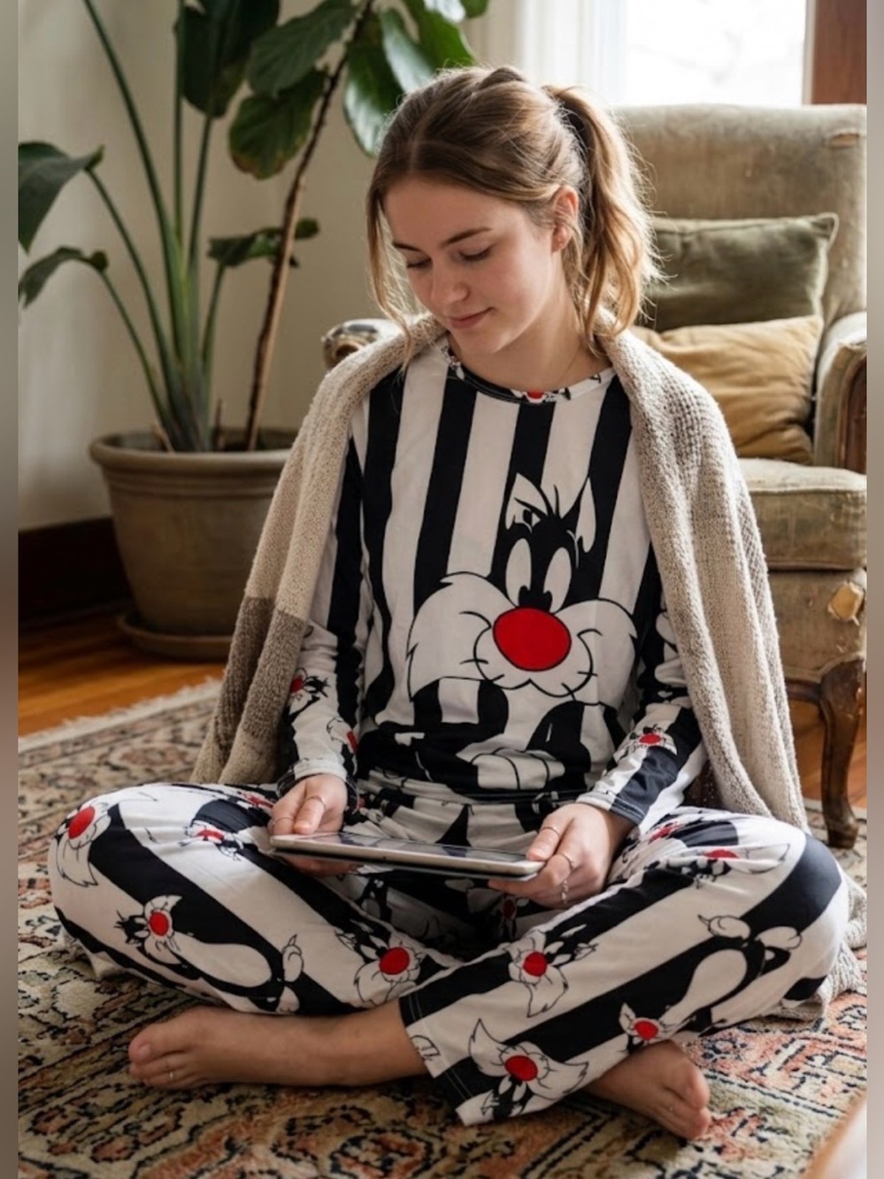 Black & White Sylvester Cat Stripe Pajama Set - Red Accent